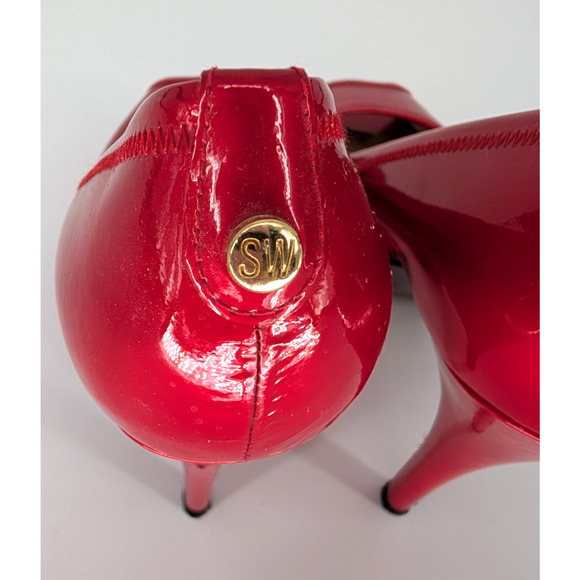 Stuart Weitzman Candy Apple Red Patent Leather Peep Toe Pumps 8M 4.5″ Heel Glam - Picture 6 of 11